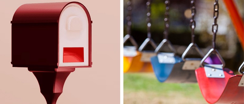 letterbox next to colourful swings for children