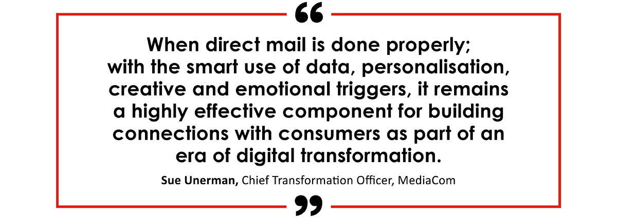 When direct mail is done properly; with the smart use of data, personalisation, creative and emotional triggers, it remains a highly effective component for building connections with consumers as part of an era of digital transformation. Sue Unerman Chief Transformation Officer, MediaCom