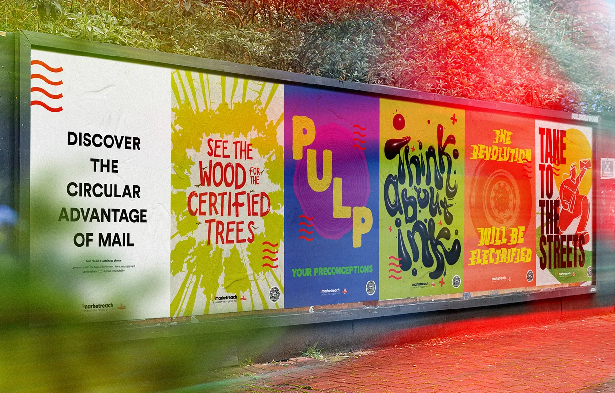 A row of vibrant street posters promotes sustainability through mail